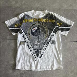 90s Vintage Pittsburgh Steelers NFL on Fox White AOP T Shirt Size L